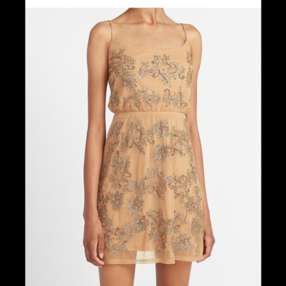 Express Nude Sequin Embellished Cowl Neck Mini Dress - M